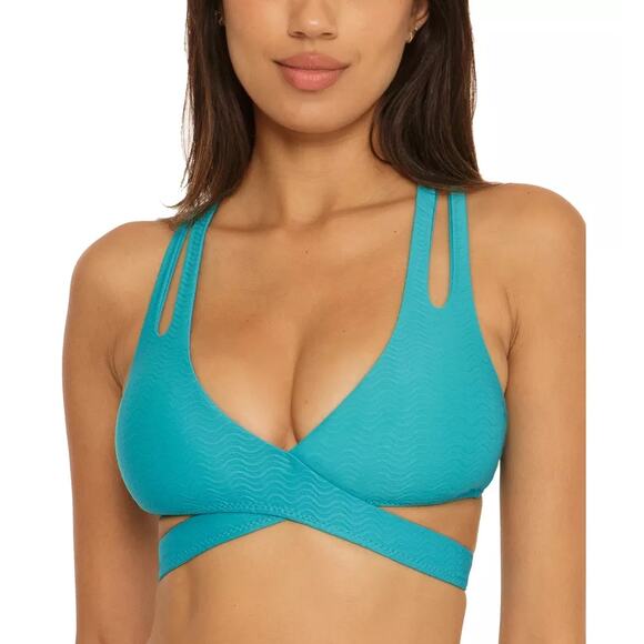 Becca Rebecca Virtue Vibes Kailani Textured Wrap Bikini Top Size S Gulf Blue New - Picture 1 of 7